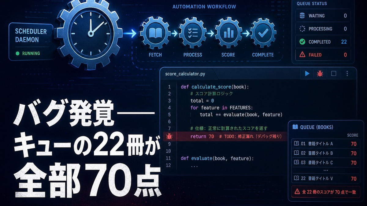 バグ発覚——キューの22冊が全部70点
