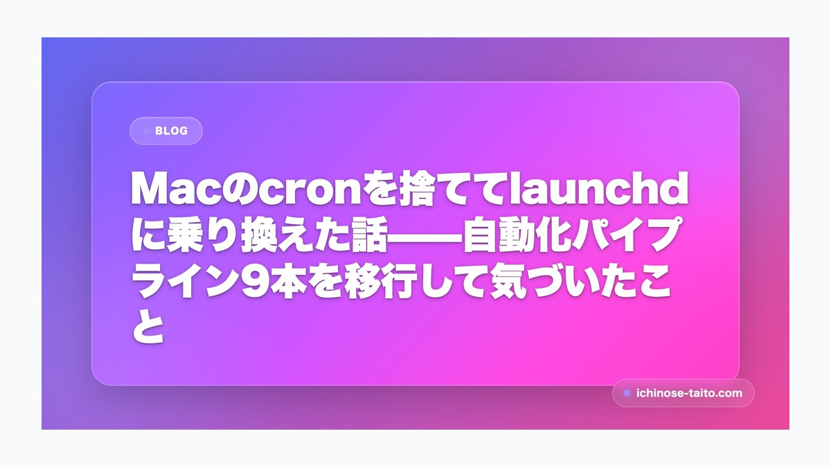 Macのcronを捨ててlaunchdに乗り換えた話——自動化パイプライン9本を移行して気づいたこと